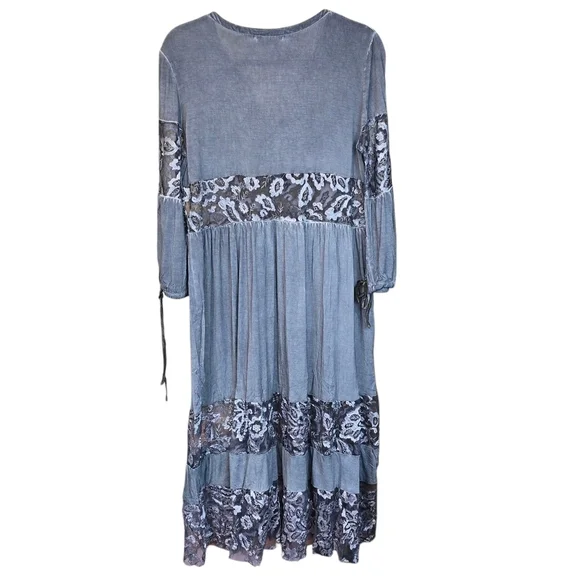 POL Boho Flowy Peasant Style Sheer Lace Panel Maxi Dress Blue-Gray Size  Small